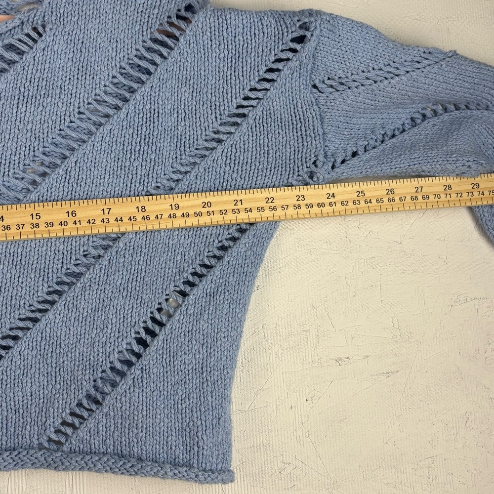 Bobbles & Lace Crocheted Baby Blue Cropped Chunky Sweater Bell Sleeves - Picture 5 of 8